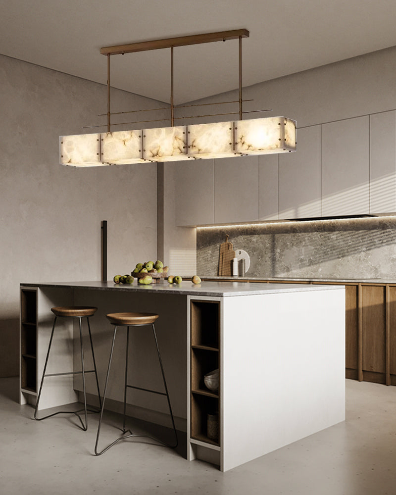 Vintage Alabaster & Gold Long Chandelier 48“60”71" with Metal Rod