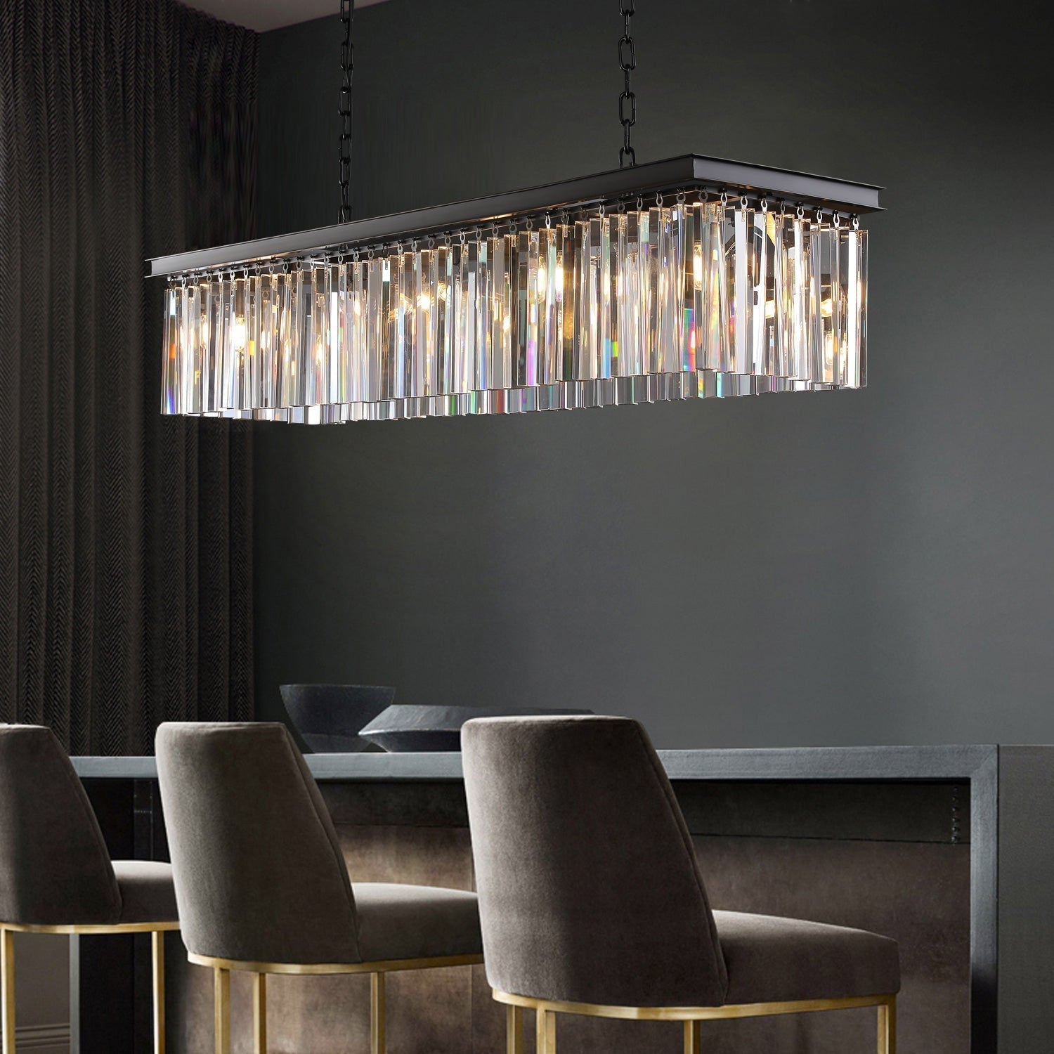 Rhys Rectangular Chandelier 59",Crystal Prism 8-lights