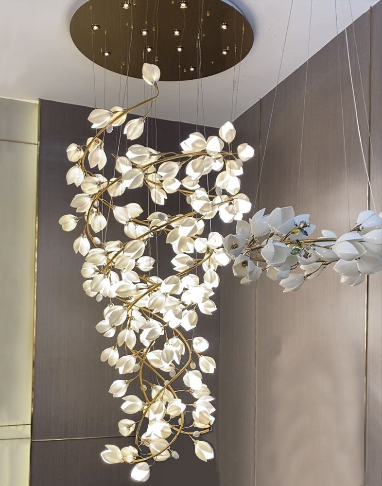 Spiral Pure White Magnolia Chandelier with Golden Branches for Staircase/High-ceiling Space/Foyer/ Duplex-MEET LIGHTING