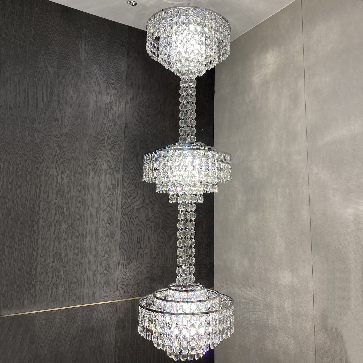 Modern French Elegant Oversized 3-tiered Silver Seashells Long Crystal Chandelier for Staircase-MEET LIGHTING