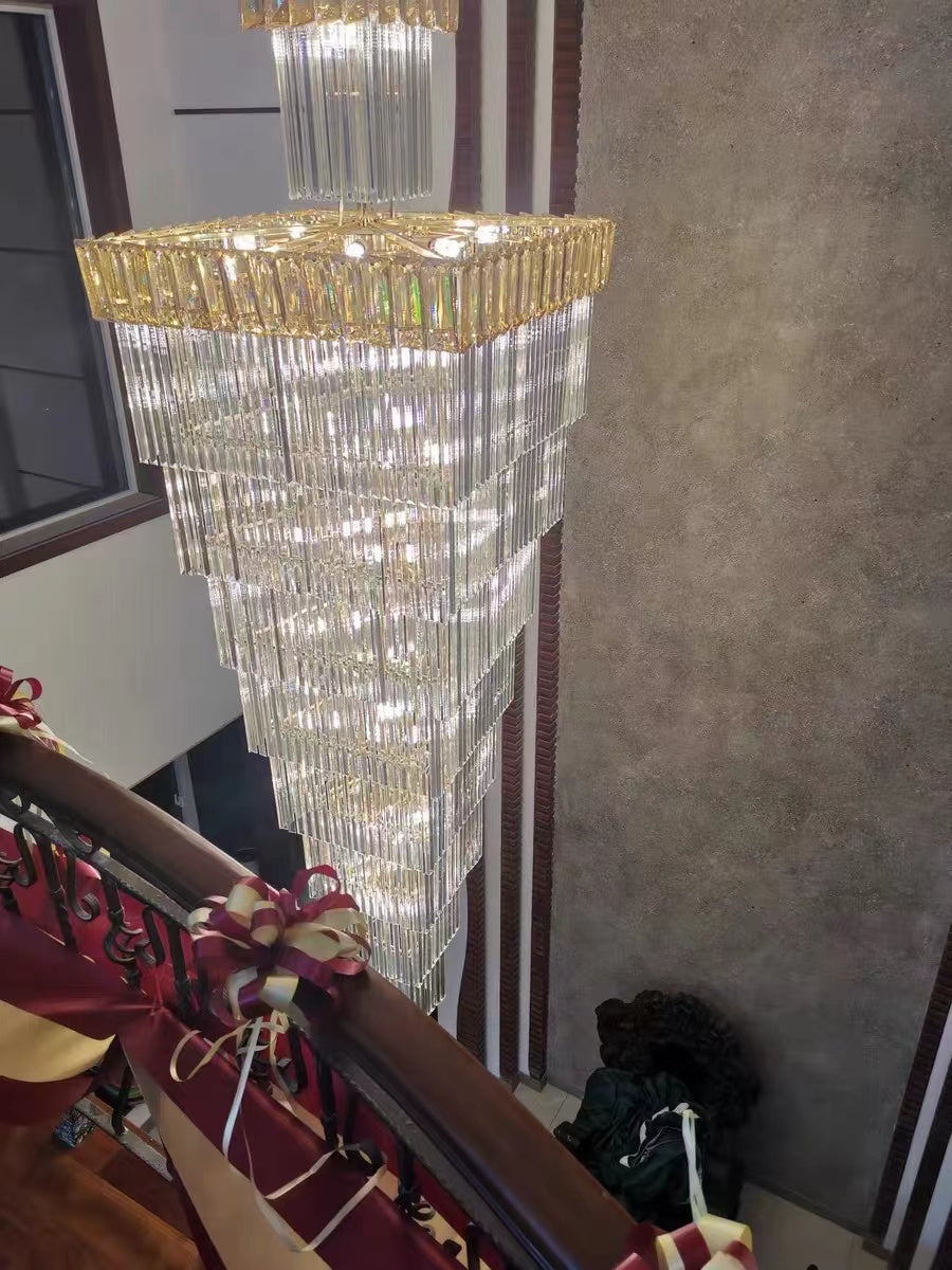 Extra Large Vertical Crystal Staircase Chandelier Foyer Ceiling Light Fixture in Gray/Amber Brim-MEET LIGHTING