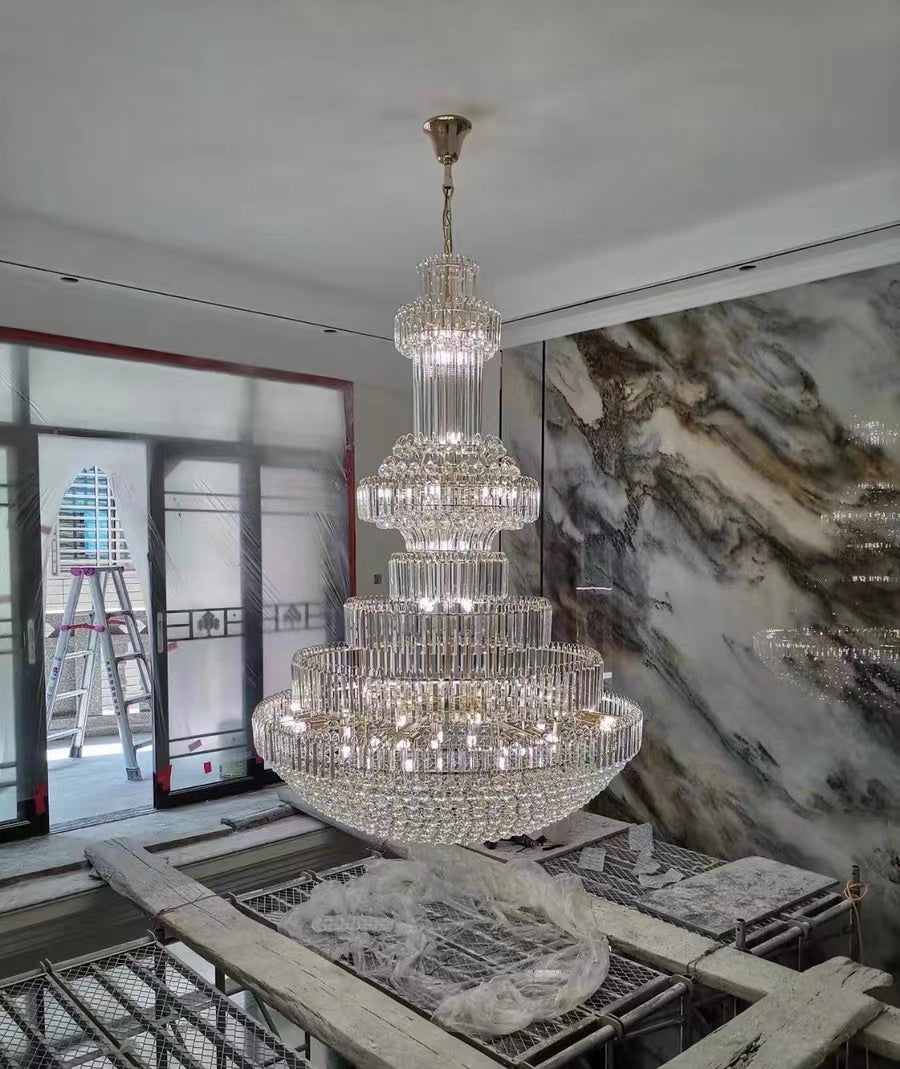 Golden Era Grand Cascade Clear Crystal Chandelier for High-ceiling-MEET LIGHTING