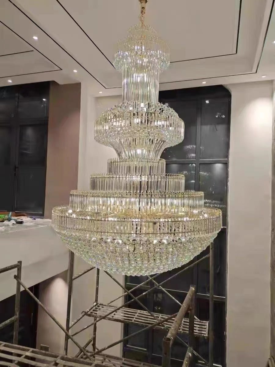 Golden Era Grand Cascade Clear Crystal Chandelier for High-ceiling-MEET LIGHTING