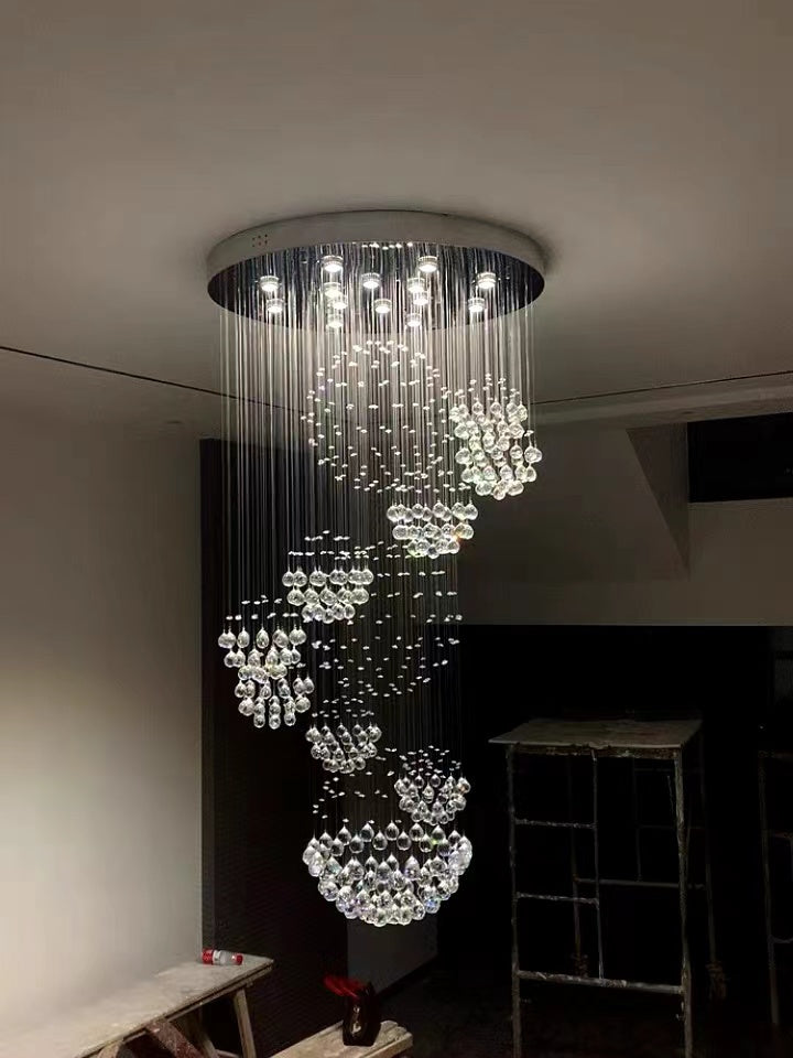 Stately Duplex Crystal Chandelier Spiral Raindrop Globe Shape Ceiling Hanging Light for Entryway/Staircase-MEET LIGHTING