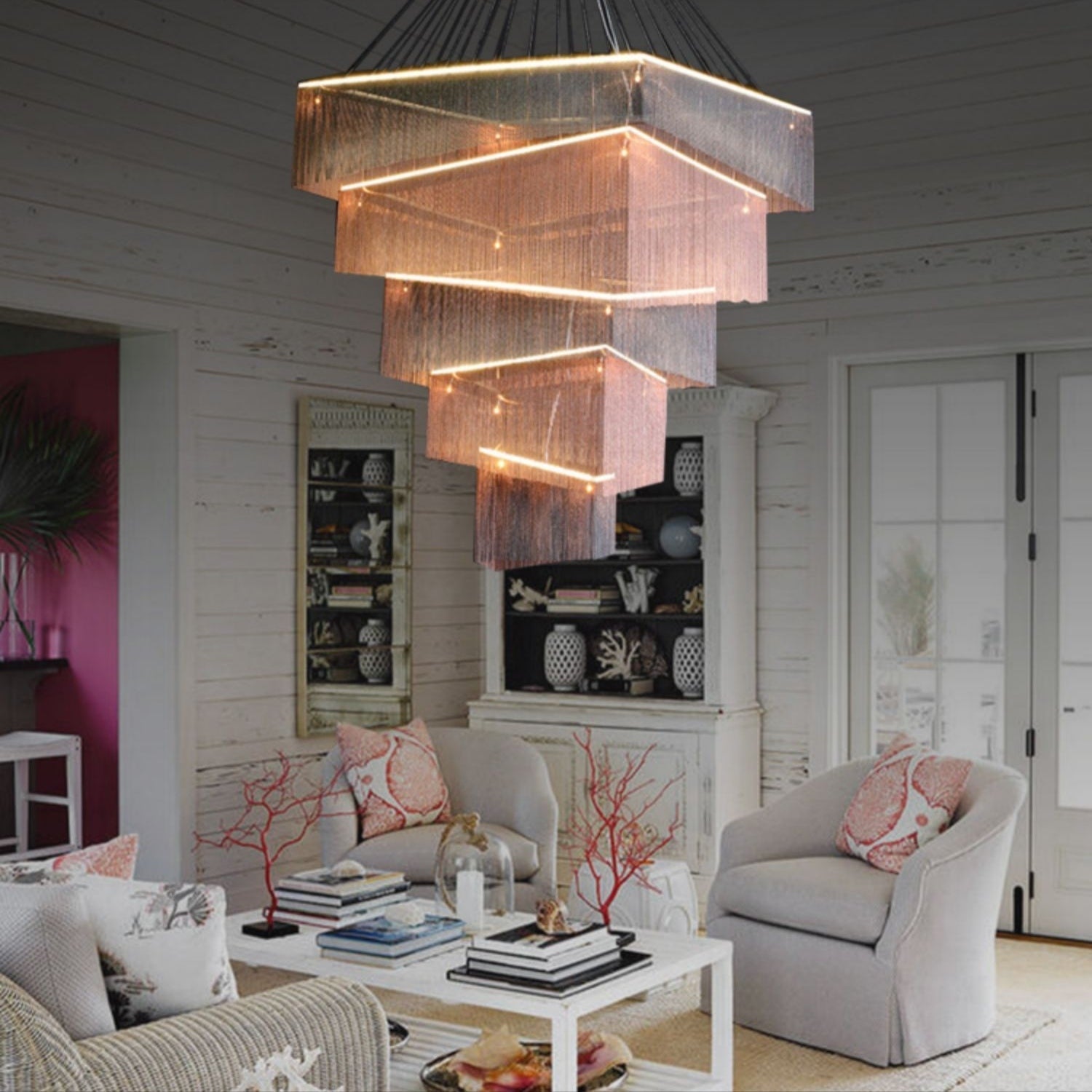 Extra Large Art Multi-tier Aluminum Chain Tassel Chandelier for High-Ceiling Room