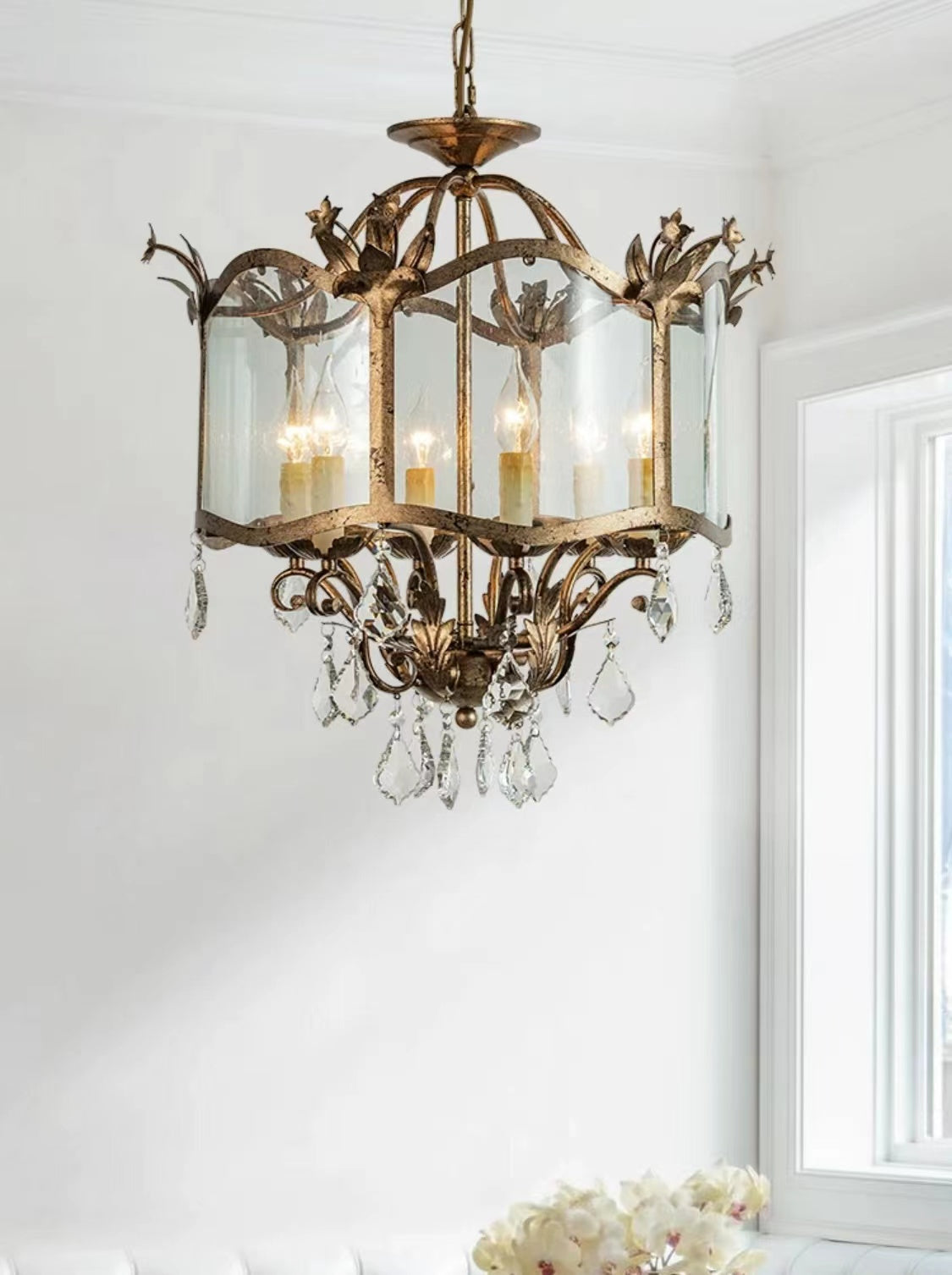 Affordable Retro Wrought Iron Glass Shade Candle Pendant Chandelier for Dining Room/Bedroom-MEET LIGHTING