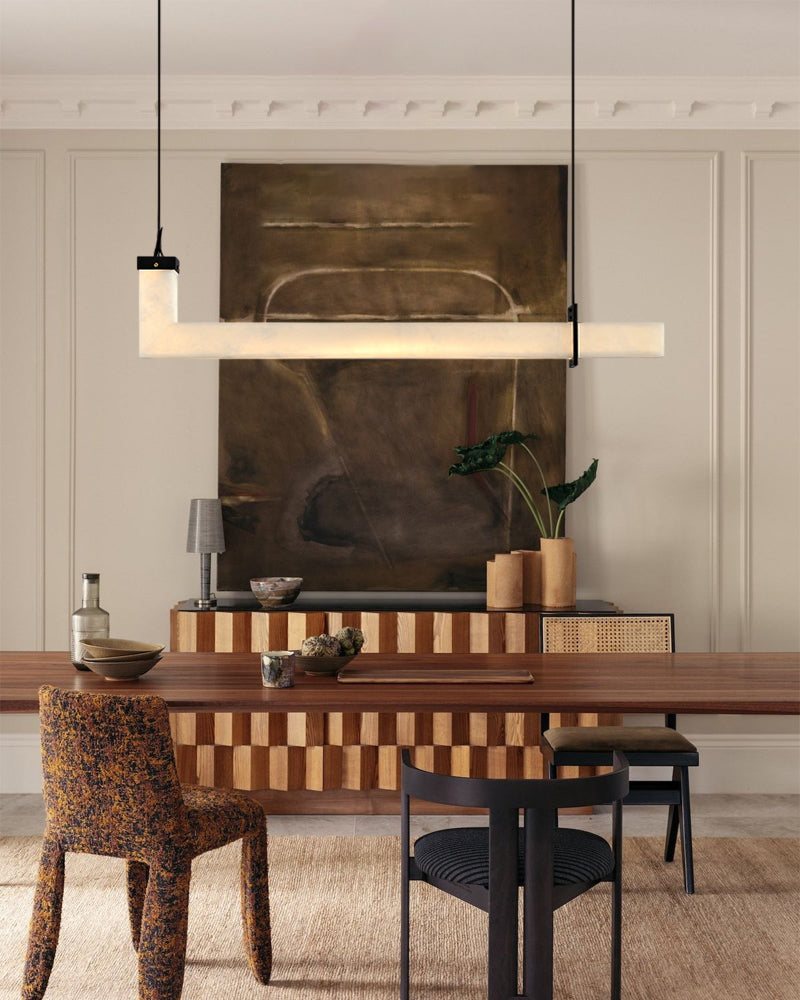 Up & Down Lighting LED Long Brown Leather Alabaster Linear Pendant Lights 39in 47in | Bronze