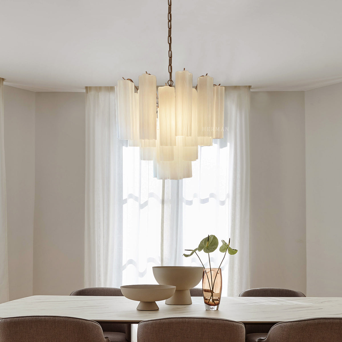 Matte White 36-Tube Murano Glass Chandelier