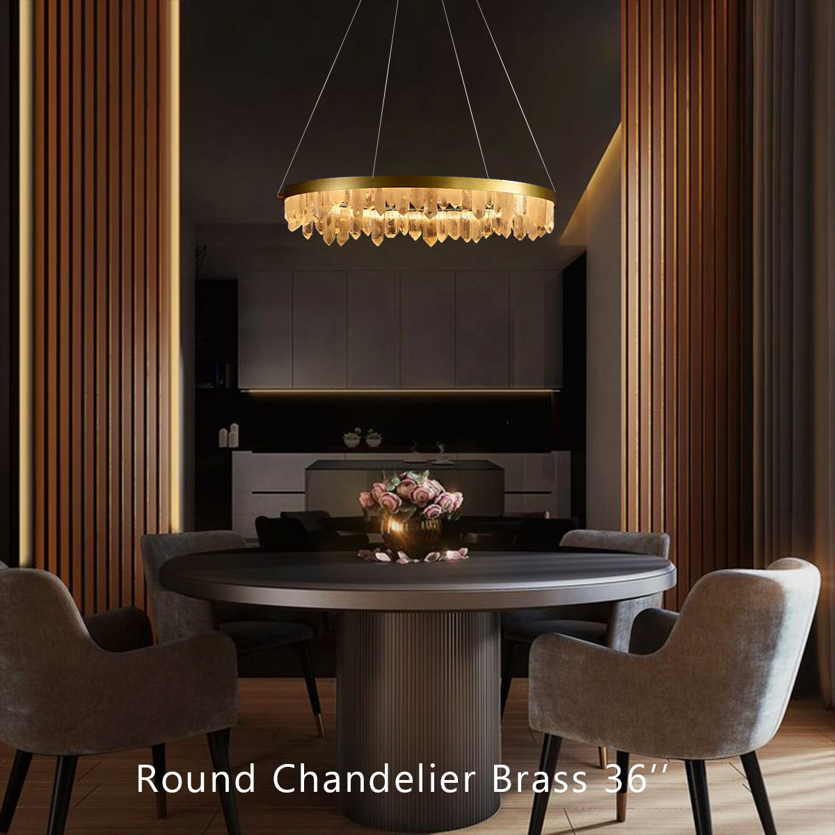 36 Inch Round Modern Chandelier Brass & Clear Geode Quartz Crystal Hanging Light