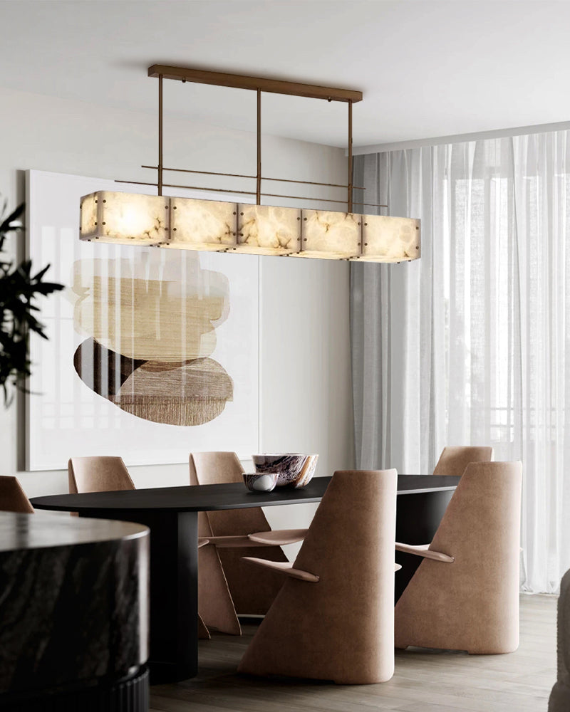 Vintage Alabaster & Gold Long Chandelier 48“60”71" with Metal Rod