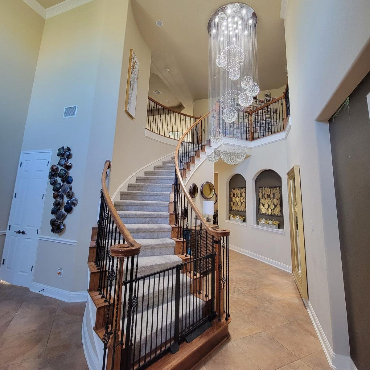 Stately Duplex Crystal Chandelier Spiral Raindrop Globe Shape Ceiling Hanging Light for Entryway/Staircase-MEET LIGHTING