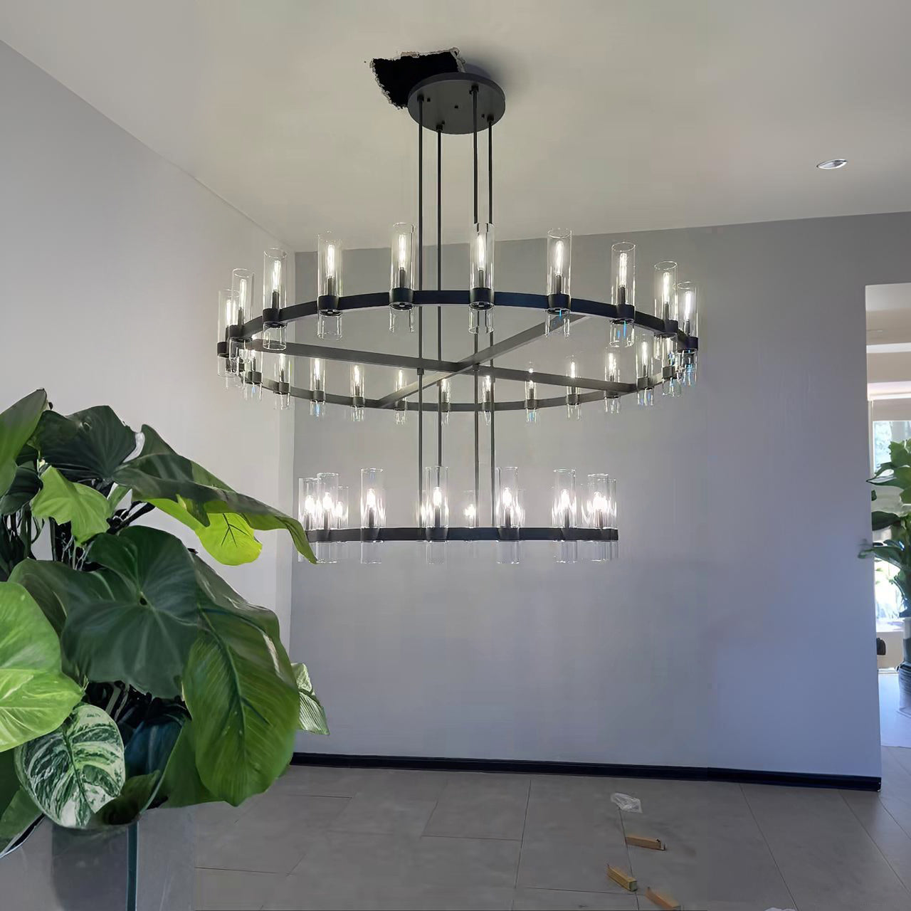 Zenvor 72 Inch Cylinder Glass Two-Tier Candle Chandelier
