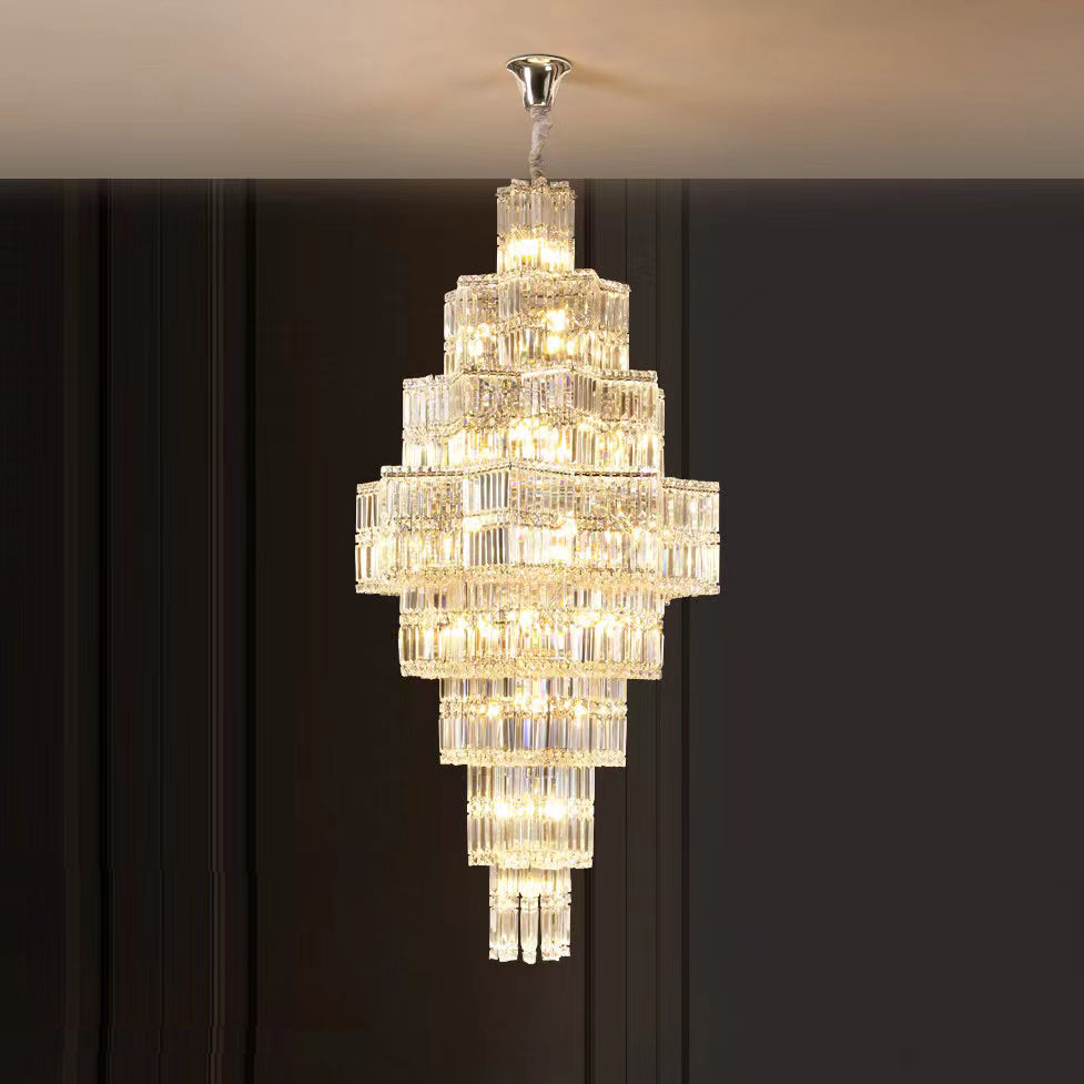 Extra Large Plaza Hall Multi-Tier Crystal Chandelier Foyer Living Room Staircase Ceiling Lighting Fixture In Chrome/ Silver Finish-MEET LIGHTING