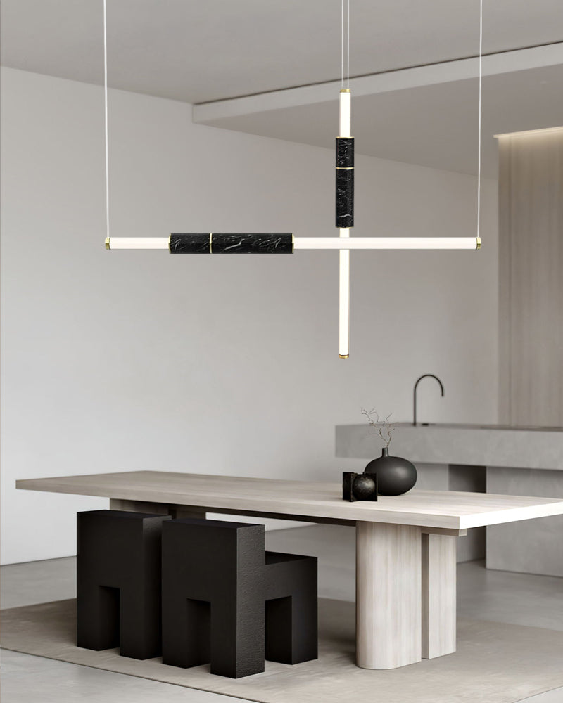 Slim Alabaster Linear Pipe Pendant Light - Silver, Green & Black - suspended vertically & horizontally