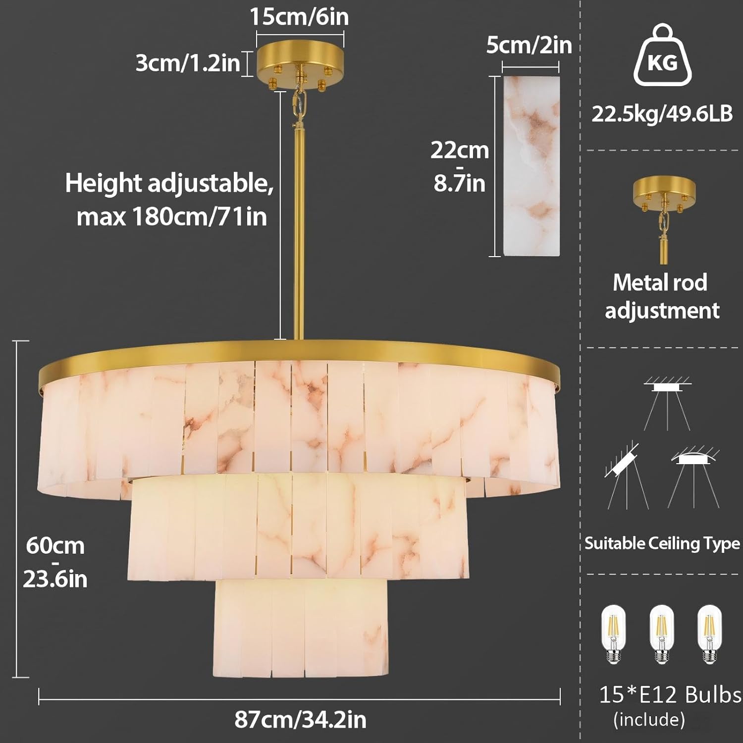 Modern 3-Tier Round Alabaster Chandelier-Gold 34"D by Meetlighting