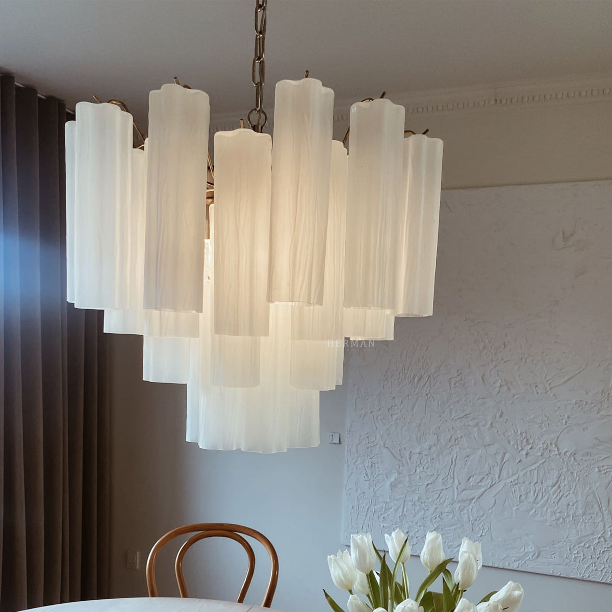 Matte White 36-Tube Murano Glass Chandelier