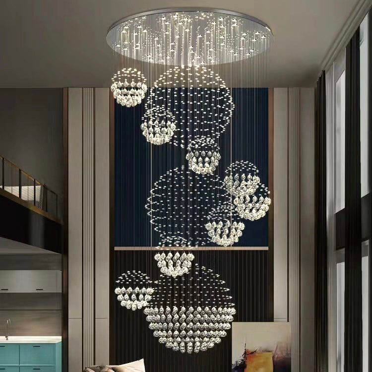 Stately Duplex Crystal Chandelier Spiral Raindrop Globe Shape Ceiling Hanging Light for Entryway/Staircase-MEET LIGHTING
