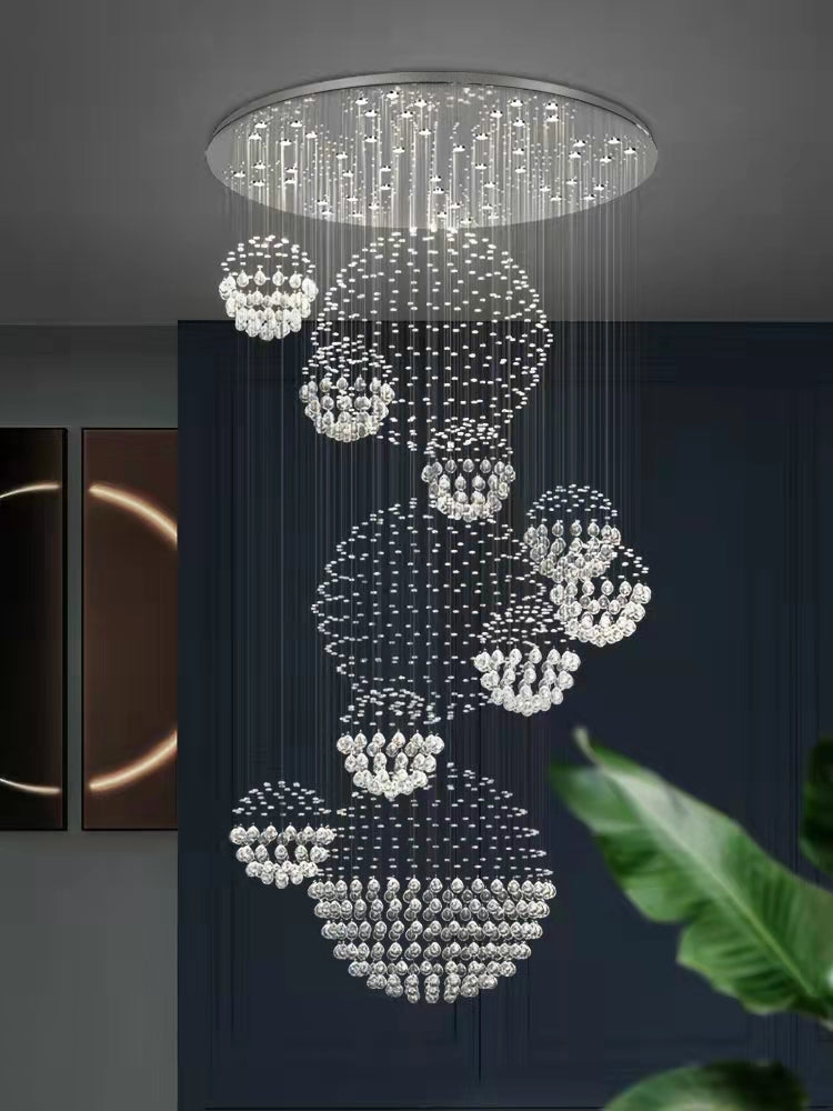 Stately Duplex Crystal Chandelier Spiral Raindrop Globe Shape Ceiling Hanging Light for Entryway/Staircase-MEET LIGHTING