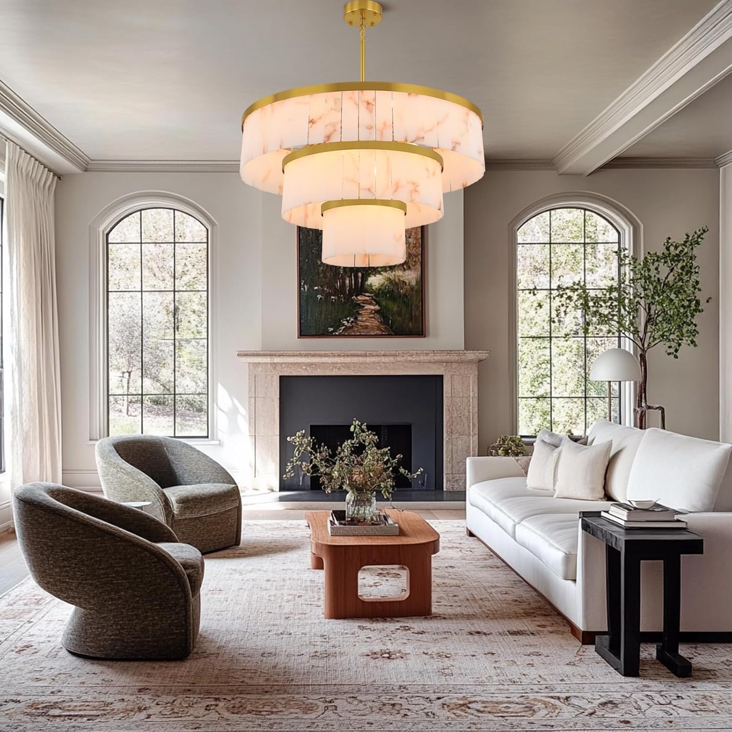 Modern 3-Tier Round Alabaster Chandelier-Gold 34"D by Meetlighting