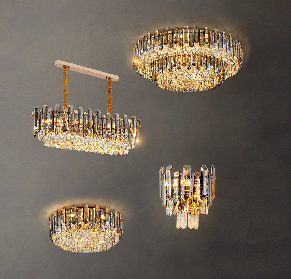 Smoke Gray Crystal Chandelier Flush Mounted Ceiling Light Fitxture Set for Dining Room/Living Room-MEET LIGHTING