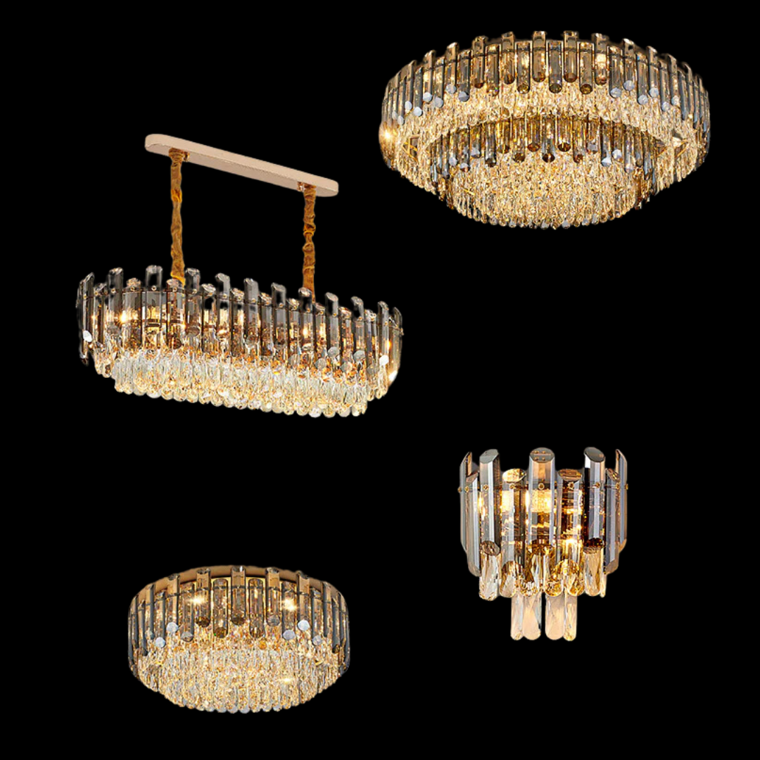 Smoke Gray Crystal Chandelier Flush Mounted Ceiling Light Fitxture Set for Dining Room/Living Room-MEET LIGHTING