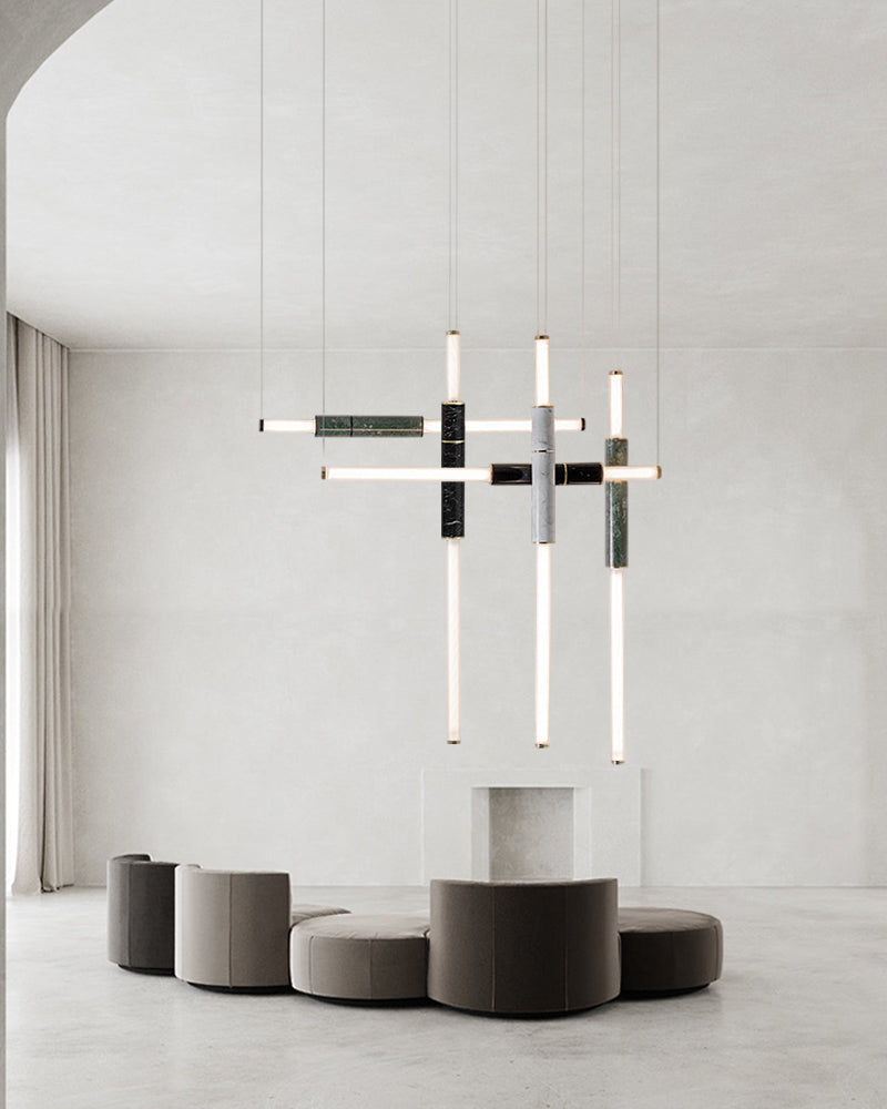 Slim Alabaster Linear Pipe Pendant Light - Silver, Green & Black - suspended vertically & horizontally