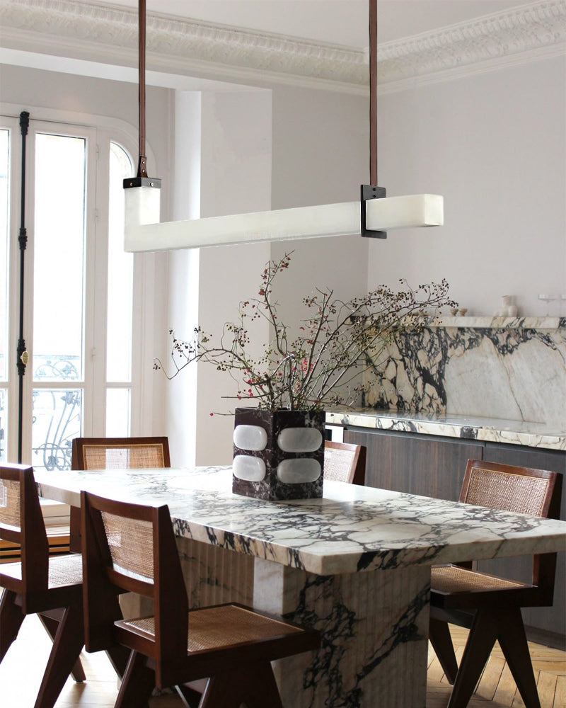 Up & Down Lighting LED Long Brown Leather Alabaster Linear Pendant Lights 39in 47in | Bronze