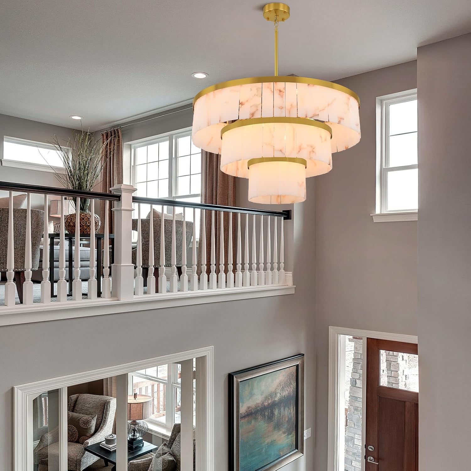 Modern 3-Tier Round Alabaster Chandelier-Gold 34"D by Meetlighting