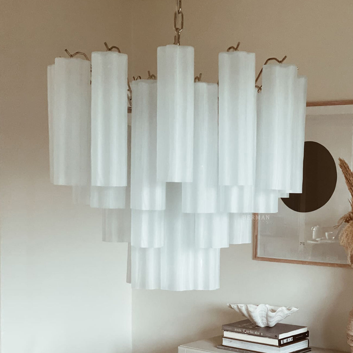 Matte White 36-Tube Murano Glass Chandelier