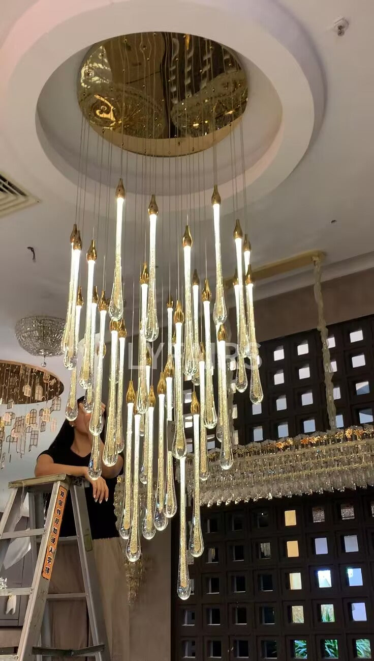 Foyer Glass Drops Pendant Chandelier Spiral Staircase High Ceiling Light Fixture In Gold Finish-MEET LIGHTING