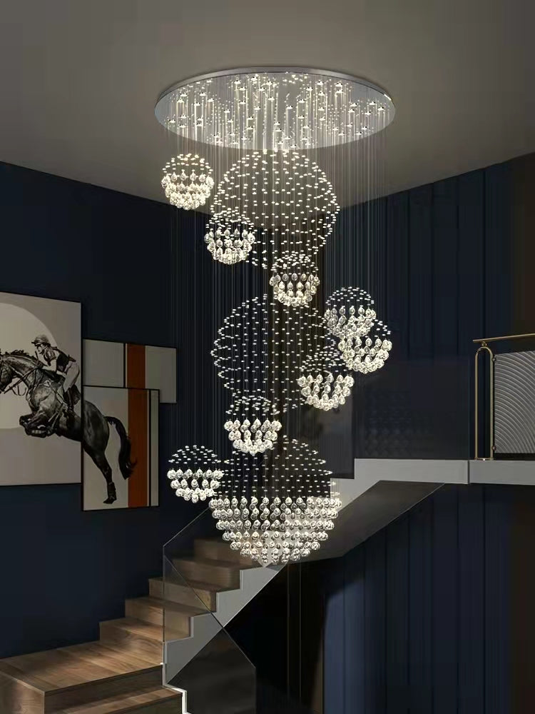 Stately Duplex Crystal Chandelier Spiral Raindrop Globe Shape Ceiling Hanging Light for Entryway/Staircase-MEET LIGHTING