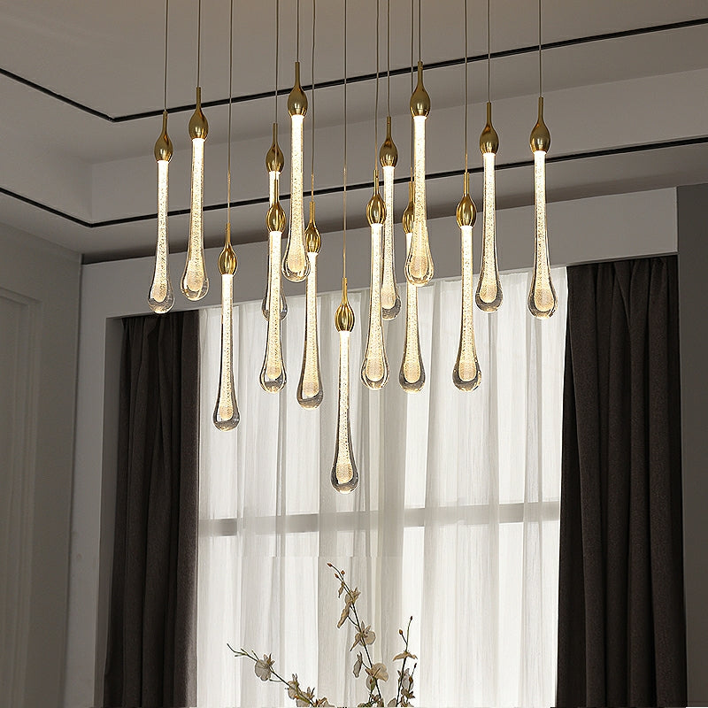 Foyer Glass Drops Pendant Chandelier Spiral Staircase High Ceiling Light Fixture In Gold Finish-MEET LIGHTING