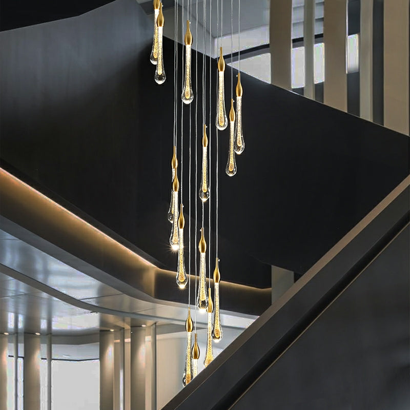 Foyer Glass Drops Pendant Chandelier Spiral Staircase High Ceiling Light Fixture In Gold Finish-MEET LIGHTING