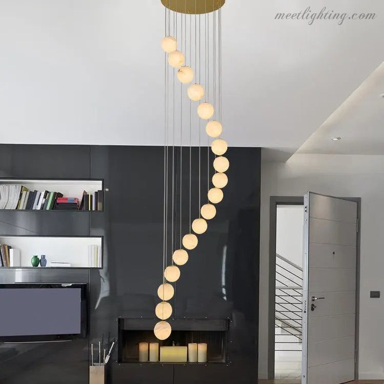 Alabaster Brass Modern Globe Spiral Chandelier-MEET LIGHTING