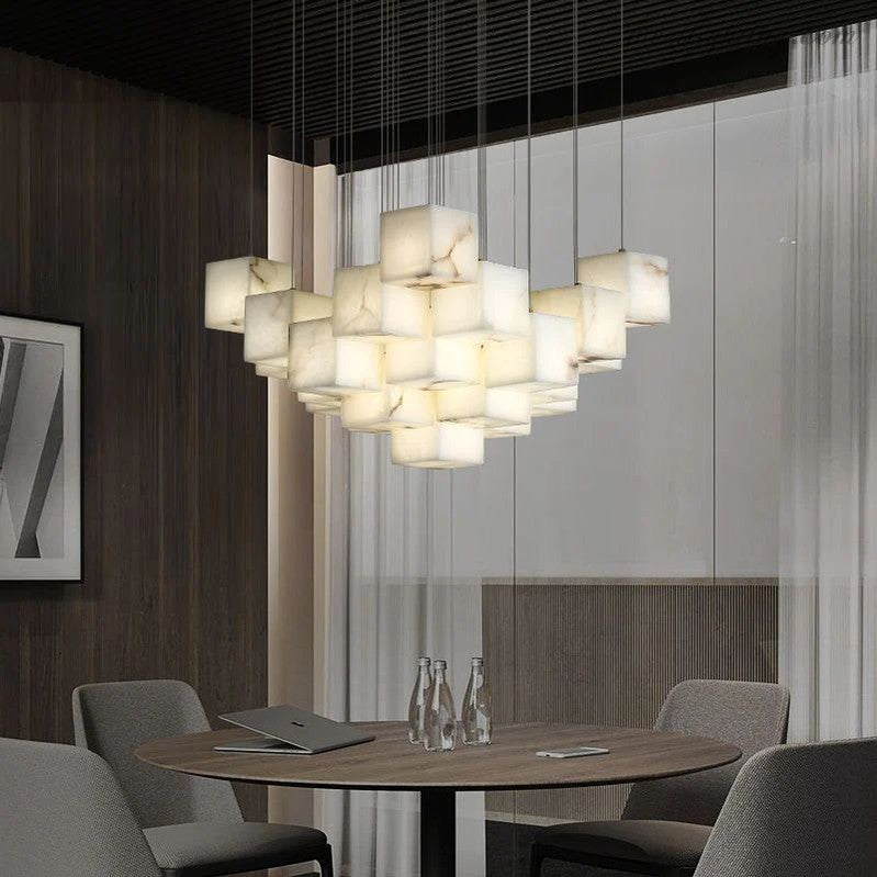 Alabaster Cubic Foyer Staircase Long Chandelier-MEET LIGHTING