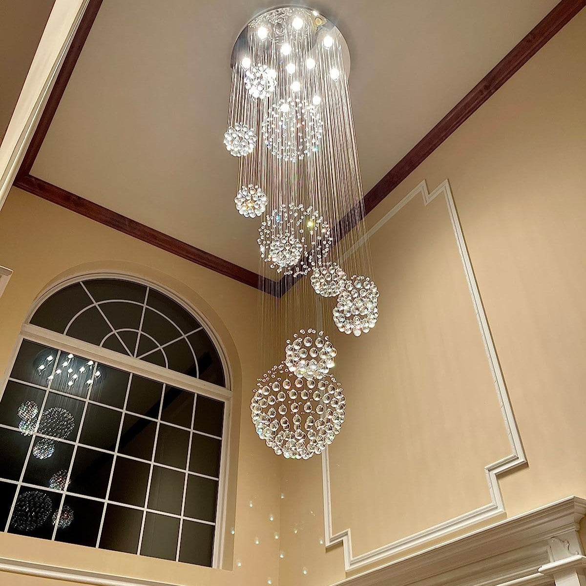 Stately Duplex Crystal Chandelier Spiral Raindrop Globe Shape Ceiling Hanging Light for Entryway/Staircase-MEET LIGHTING