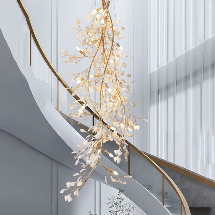 Ceramic Ginkgo Stair Long Branch Chandelier-MEET LIGHTING