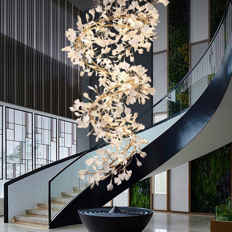 Ceramic Ginkgo Stair Long Branch Chandelier-MEET LIGHTING