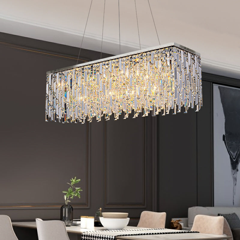 Chrome/ Silver Decorative Kitchen Island Lighting Crystal Rectangle Chandelier For Long Dining Table Round Pendant Light Fixture For Living Room-MEET LIGHTING
