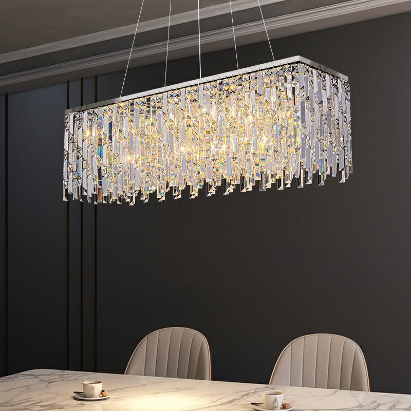 Chrome/ Silver Decorative Kitchen Island Lighting Crystal Rectangle Chandelier For Long Dining Table Round Pendant Light Fixture For Living Room-MEET LIGHTING