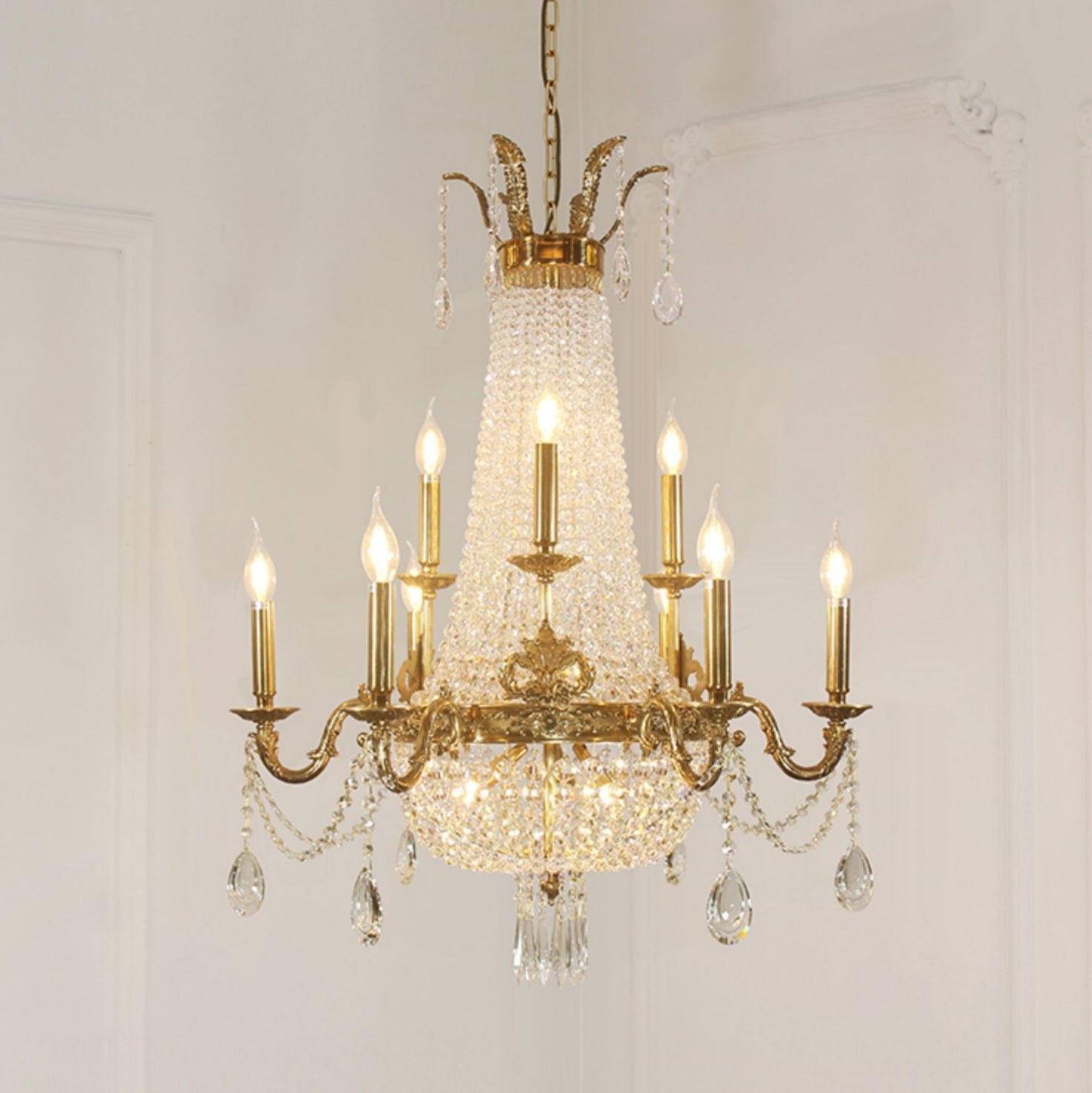 8/12/15 Lights Decorative Empire Brass Candles Crystal Chandelier Romantic Foyer Living Room Ceiling Light Fixture in Pure Copper Finish-MEET LIGHTING