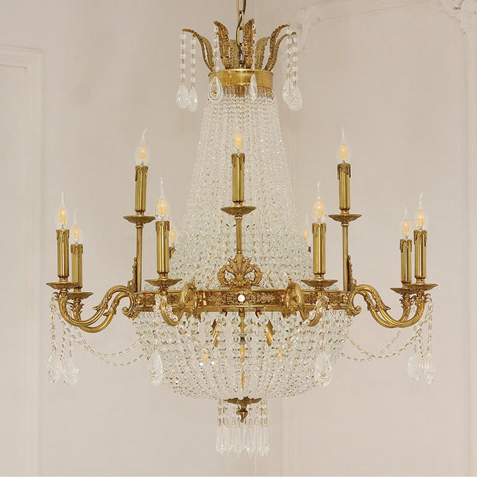 8/12/15 Lights Decorative Empire Brass Candles Crystal Chandelier Romantic Foyer Living Room Ceiling Light Fixture in Pure Copper Finish-MEET LIGHTING