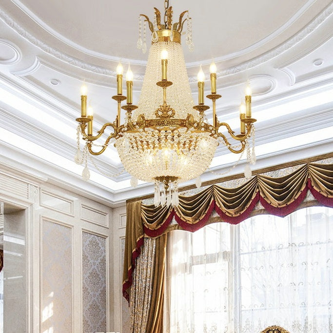 8/12/15 Lights Decorative Empire Brass Candles Crystal Chandelier Romantic Foyer Living Room Ceiling Light Fixture in Pure Copper Finish-MEET LIGHTING