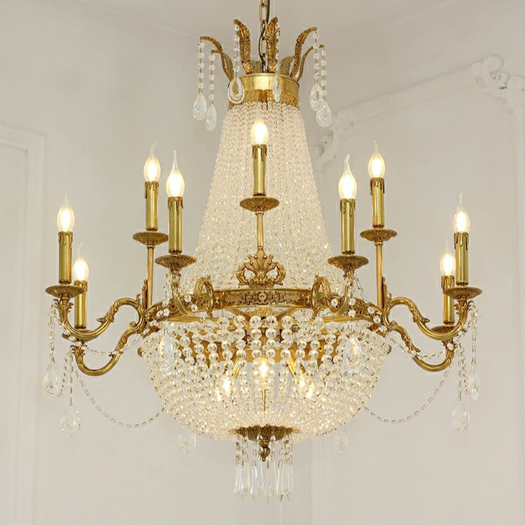 8/12/15 Lights Decorative Empire Brass Candles Crystal Chandelier Romantic Foyer Living Room Ceiling Light Fixture in Pure Copper Finish-MEET LIGHTING