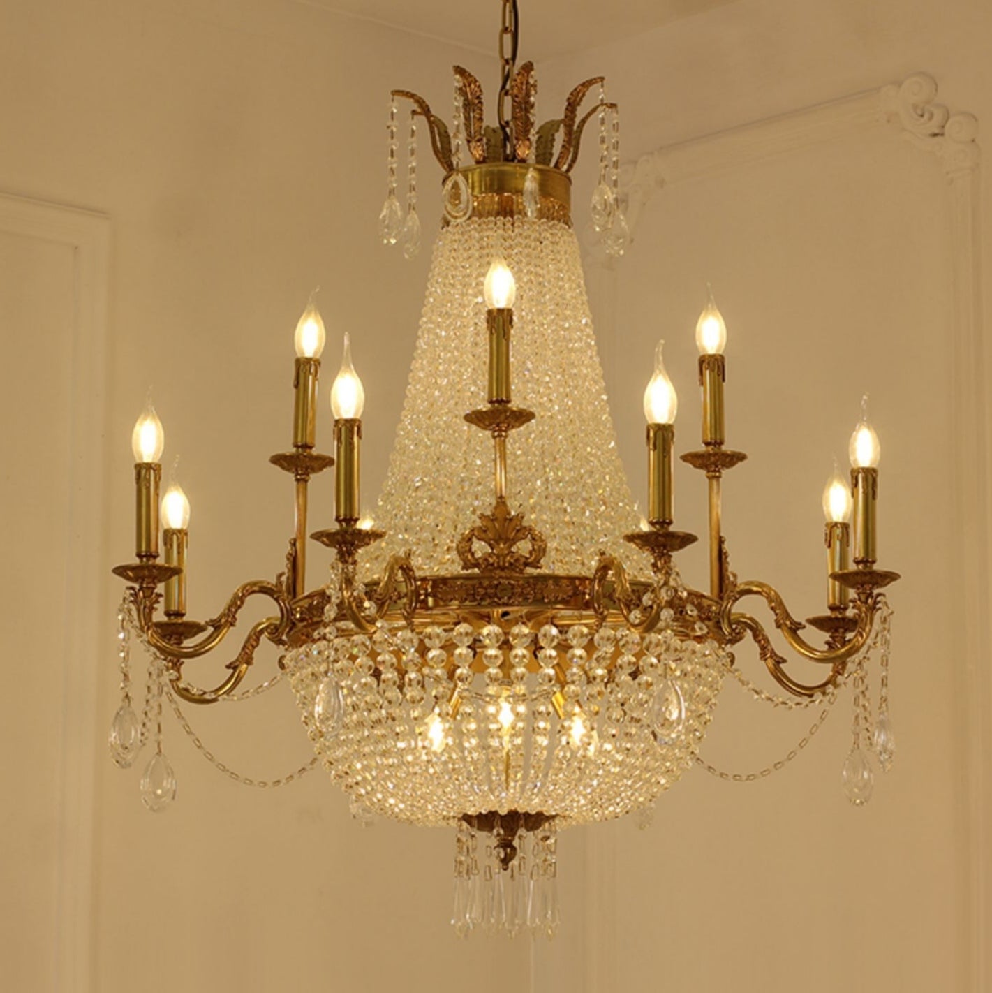 8/12/15 Lights Decorative Empire Brass Candles Crystal Chandelier Romantic Foyer Living Room Ceiling Light Fixture in Pure Copper Finish-MEET LIGHTING