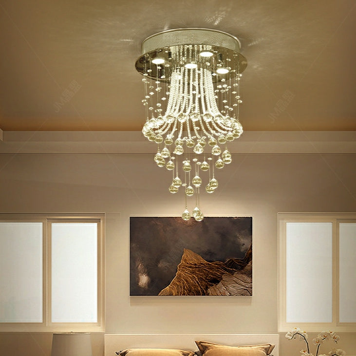 Flush Mounted Crystal Drops Chandelier Elegant Ceiling Light Fixture For Bedroom/ Living Room-MEET LIGHTING