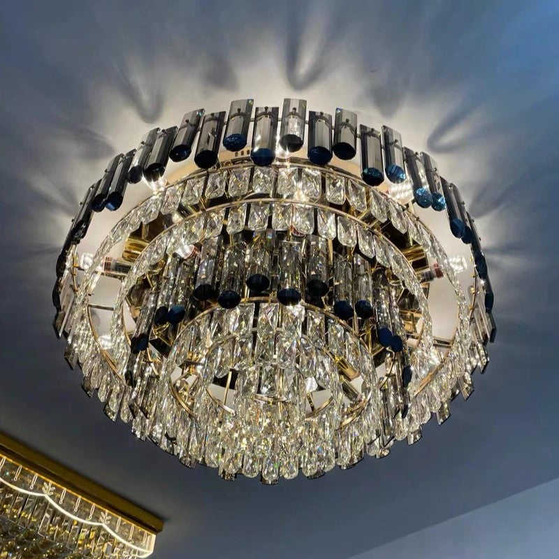 Smoke Gray Crystal Chandelier Flush Mounted Ceiling Light Fitxture Set for Dining Room/Living Room-MEET LIGHTING