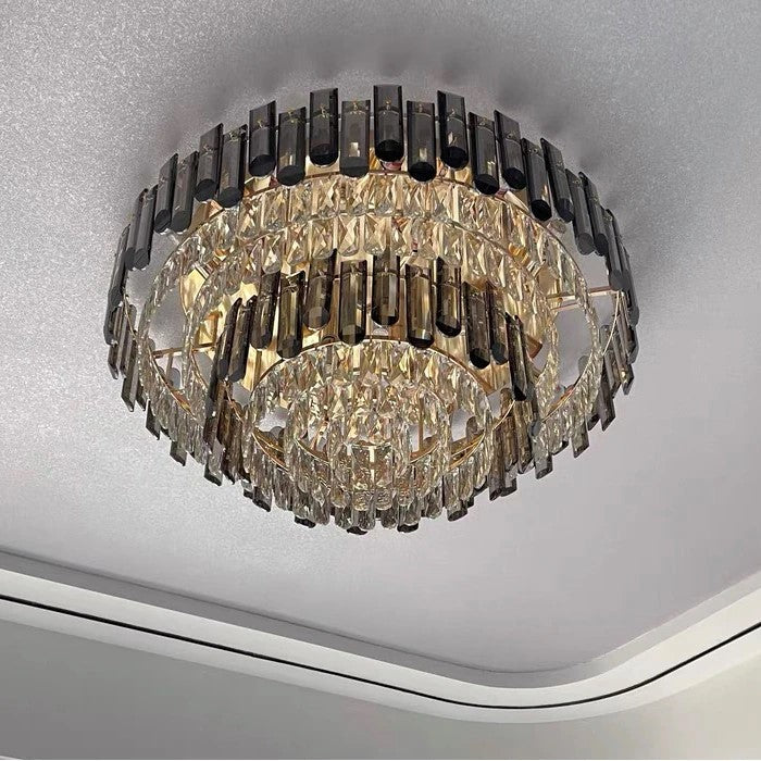 Smoke Gray Crystal Chandelier Flush Mounted Ceiling Light Fitxture Set for Dining Room/Living Room-MEET LIGHTING