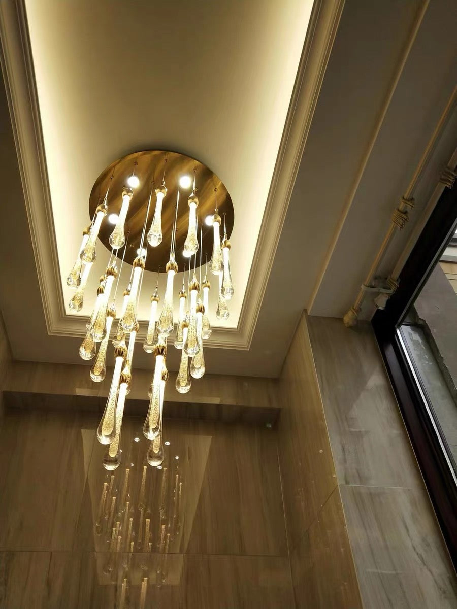 Foyer Glass Drops Pendant Chandelier Spiral Staircase High Ceiling Light Fixture In Gold Finish-MEET LIGHTING