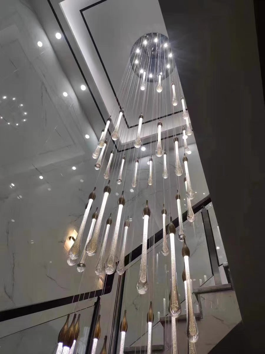 Foyer Glass Drops Pendant Chandelier Spiral Staircase High Ceiling Light Fixture In Gold Finish-MEET LIGHTING